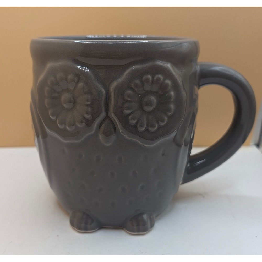 Cracker Barrel Coral Reef Owl Coffee Mug Dark Gray Glossy Ceramic 3D Embossed